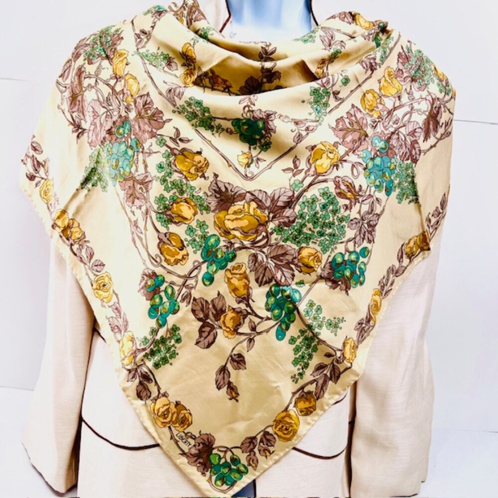 Vintage Unused Liberty  Silk Satin  Scarf 34"i light gold beige blue floral (99) - Picture 2 of 7